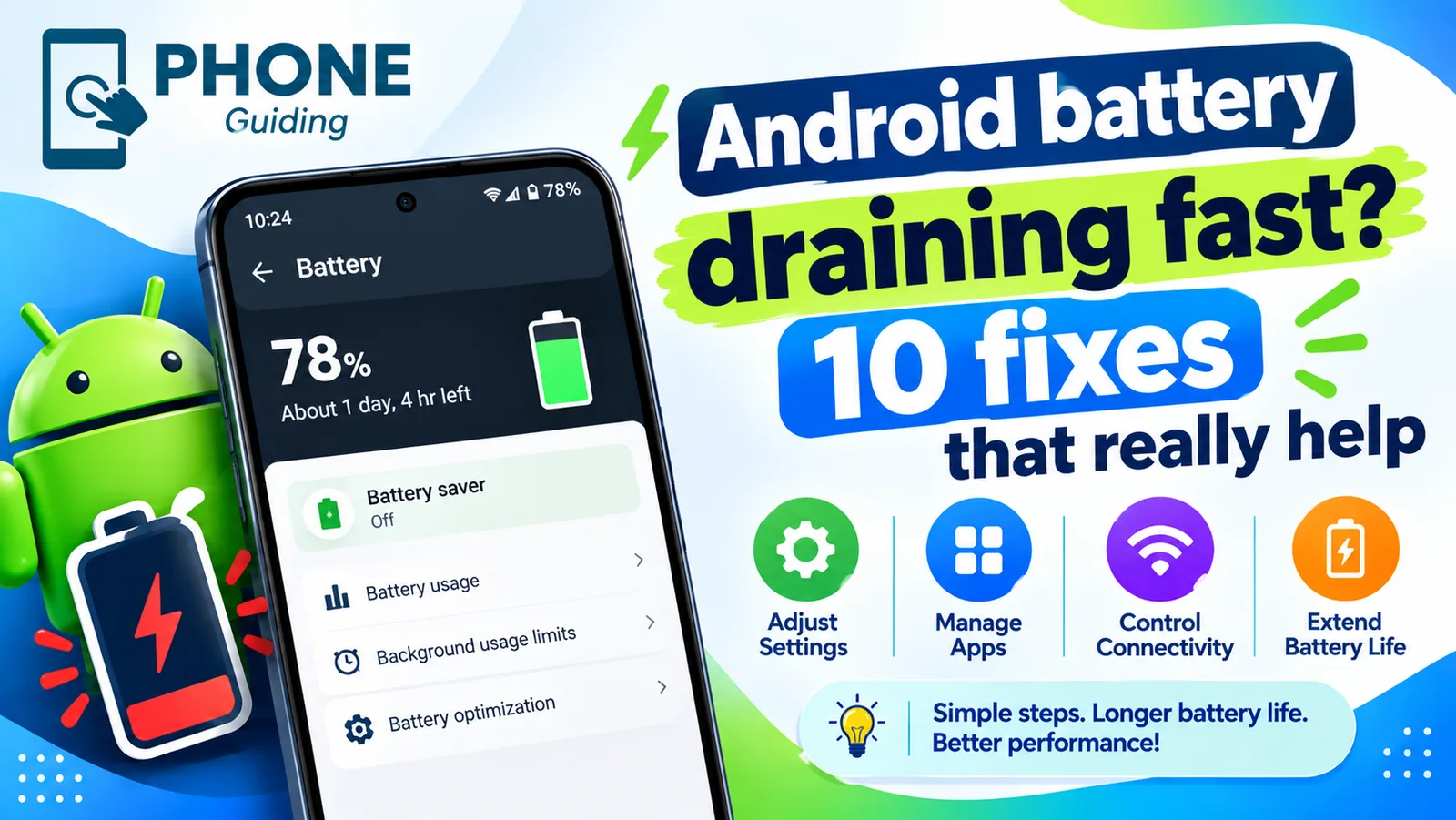 Illustration of an Android phone battery screen with a low battery icon and 10 fixes for fast battery drain