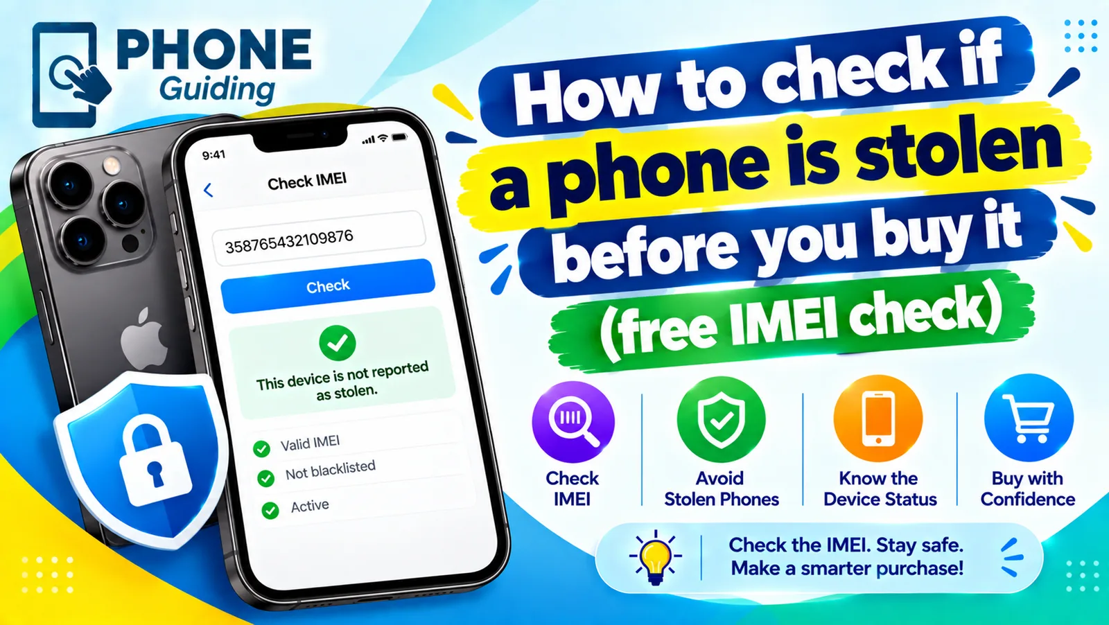 Illustration of an iPhone running a free IMEI check that shows the device is not reported stolen