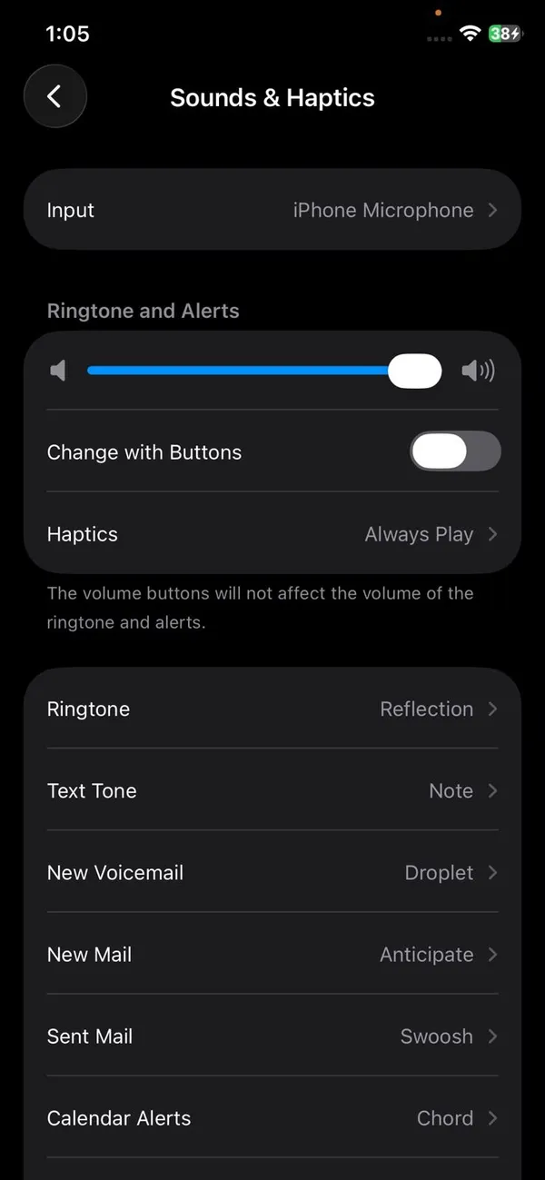 Sounds and Haptics settings on iPhone with the Ringtone and Alerts volume slider