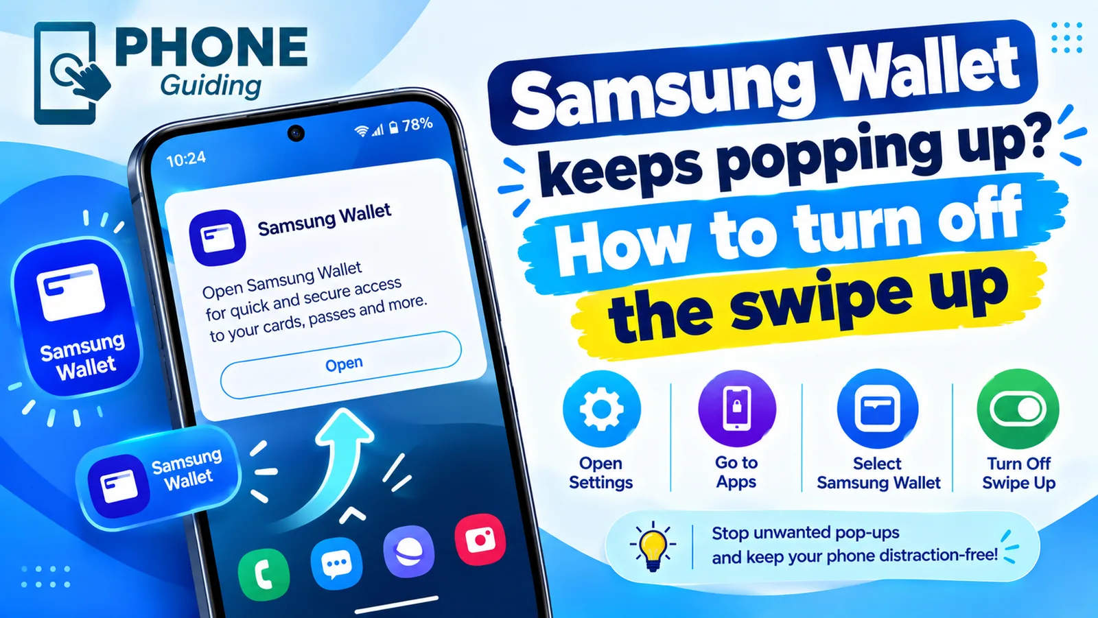 Illustration of Samsung Wallet popping up on a phone screen after a swipe up