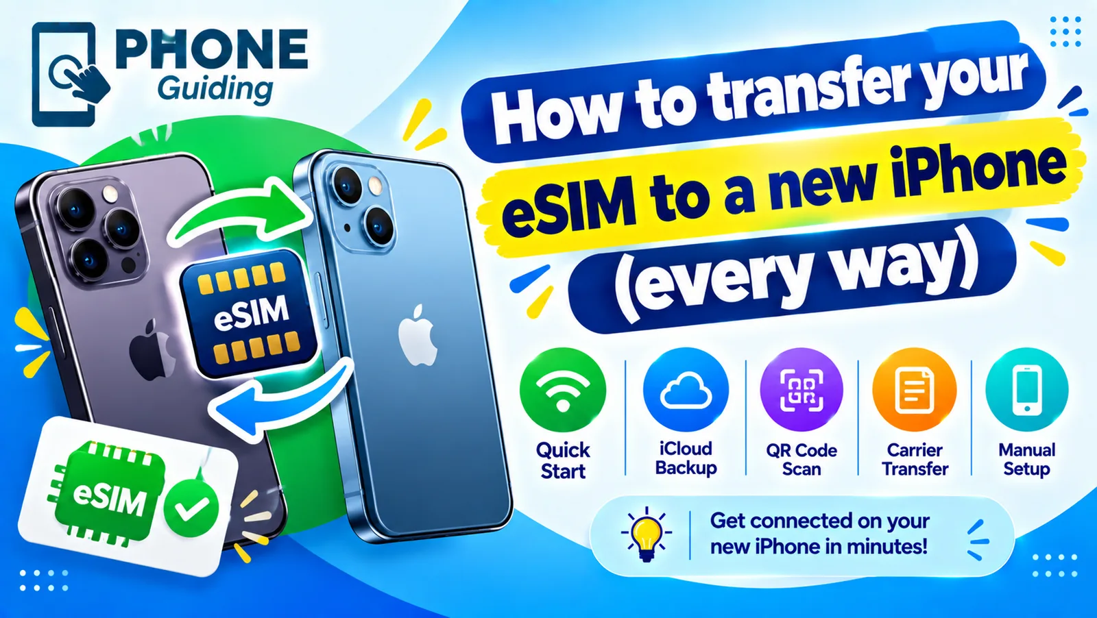 Illustration of an eSIM moving from an old iPhone to a new iPhone