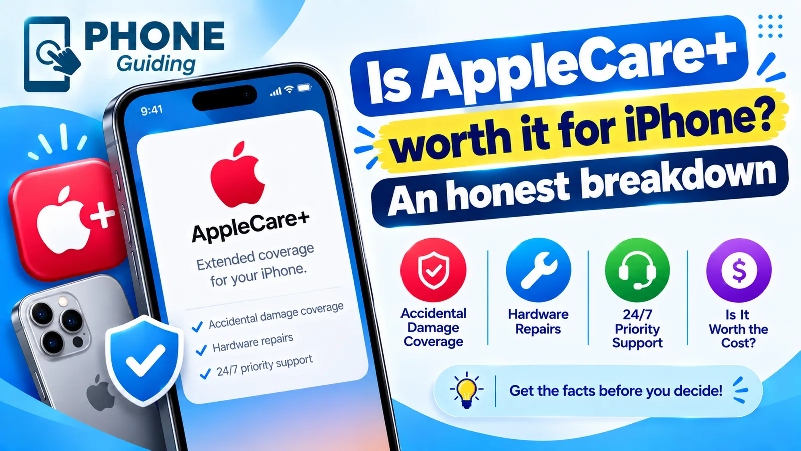 Illustration of an iPhone showing AppleCare+ coverage for accidental damage and repairs