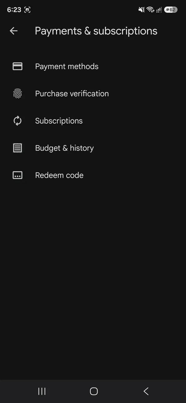 Payments and subscriptions screen in the Play Store listing Subscriptions