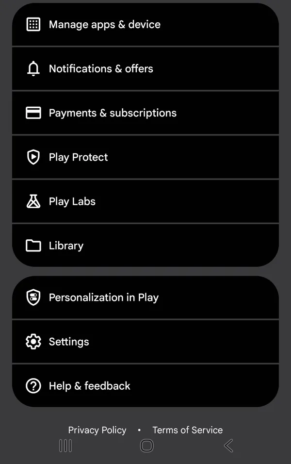 Google Play Store profile menu with Payments and subscriptions