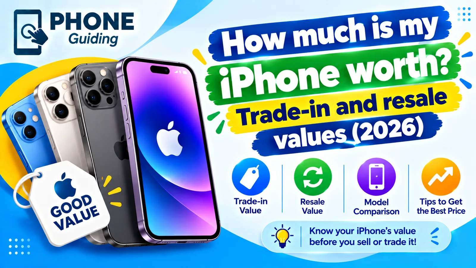 Illustration of several iPhone models with a value tag for trade-in and resale