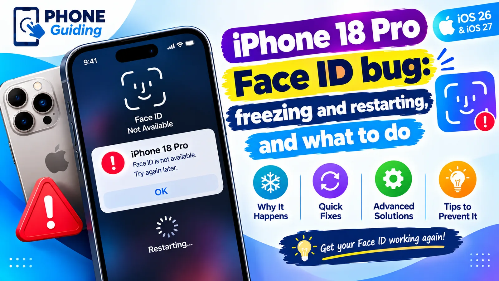 Illustration of an iPhone 18 Pro showing a Face ID not available alert while restarting