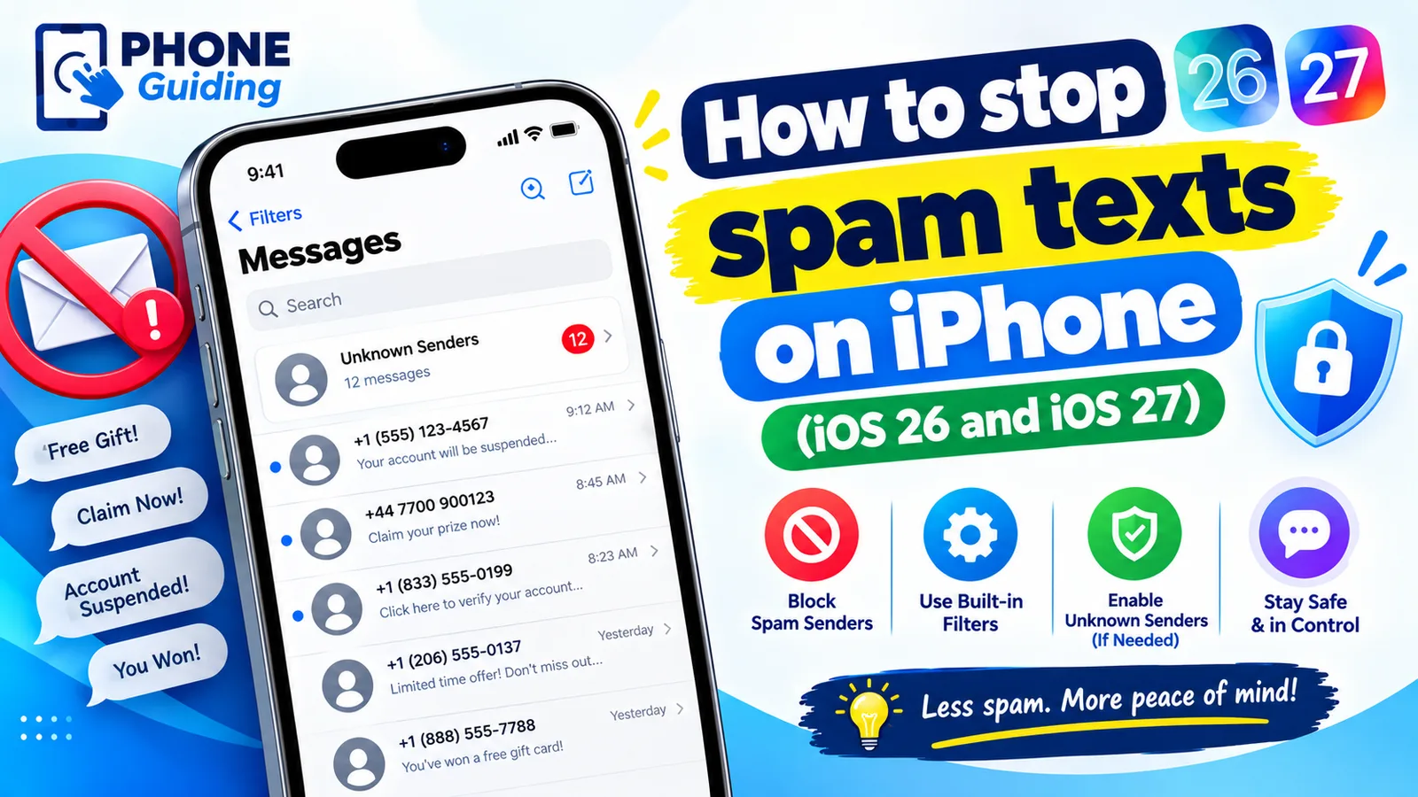 Illustration of the iPhone Messages app with an Unknown Senders filter and spam texts