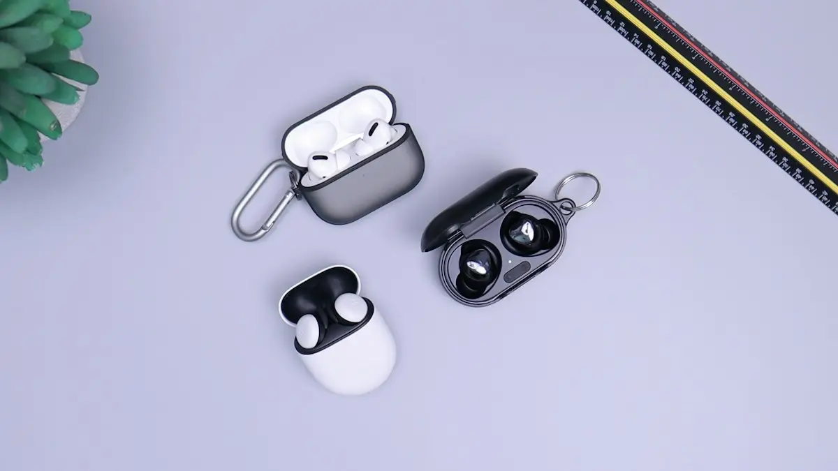 Black and white headphones on white table