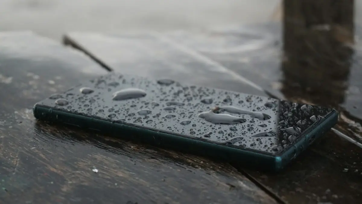 Black smartphone on top of brown wooden surface