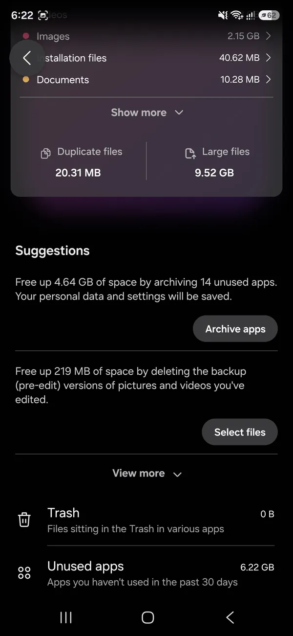 Samsung storage suggestions for duplicate files, large files, trash and unused apps