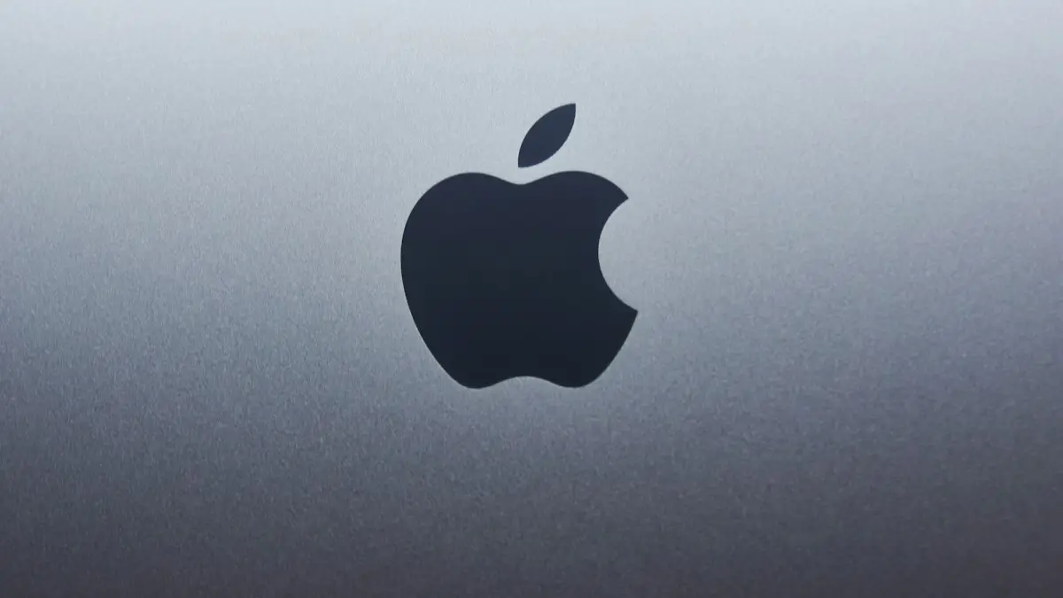 A dark apple logo centered on a smooth grey metallic surface