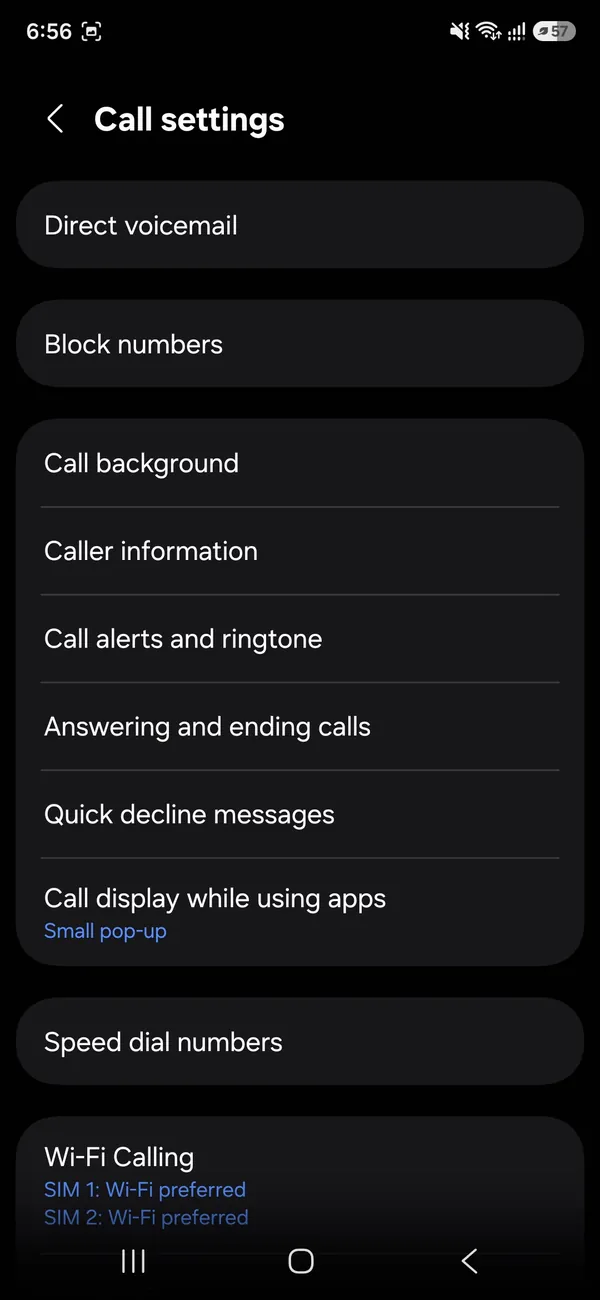 Samsung Call settings screen with Block numbers near the top