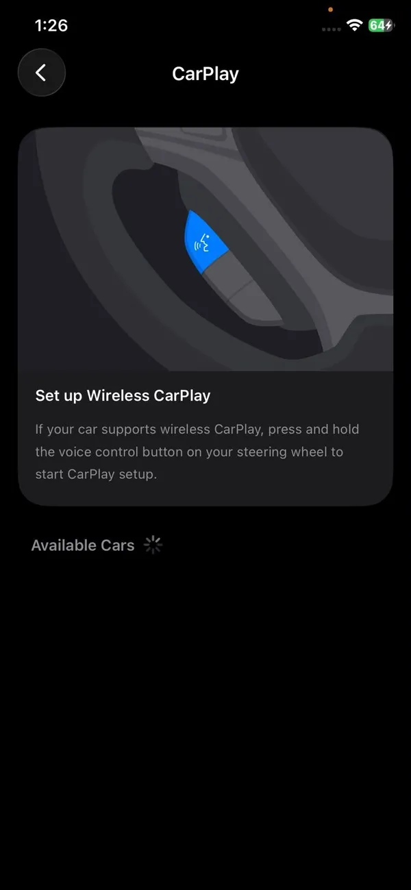 CarPlay settings on iPhone showing Set up Wireless CarPlay and Available Cars