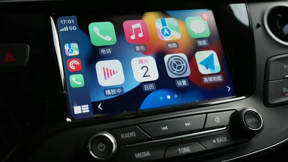 A car dashboard with various app icons on it