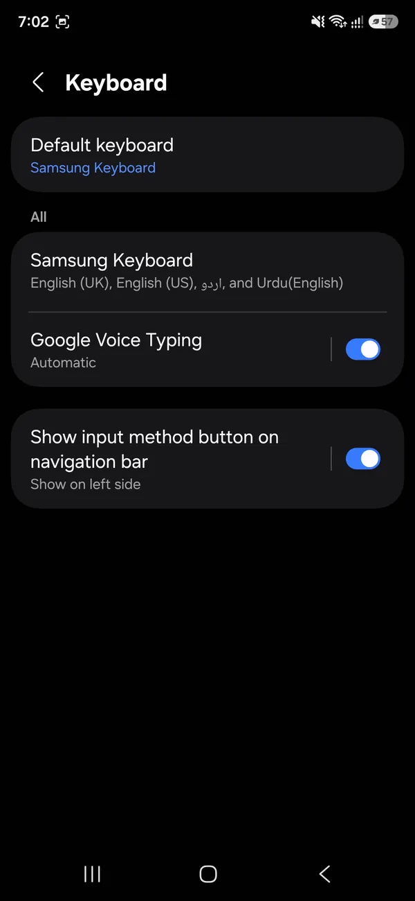 Samsung Keyboard screen with Default keyboard at the top