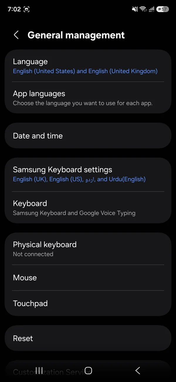 Samsung General management screen with Keyboard