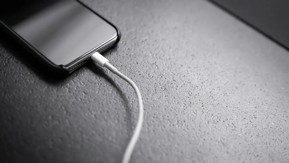 Black smartphone with charger cord connected