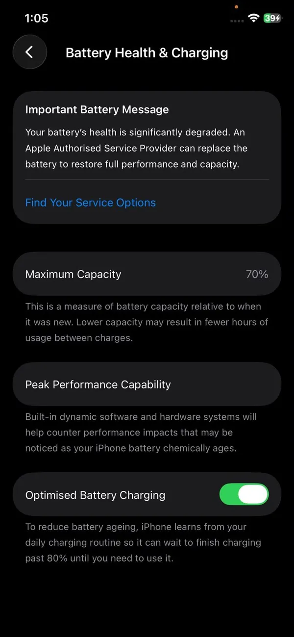iPhone Battery Health and Charging screen showing 70 percent Maximum Capacity and an Important Battery Message