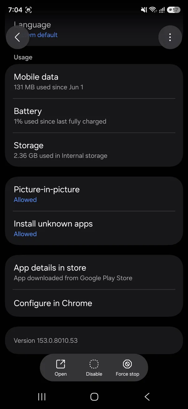Samsung app info screen for Chrome with Storage under Usage