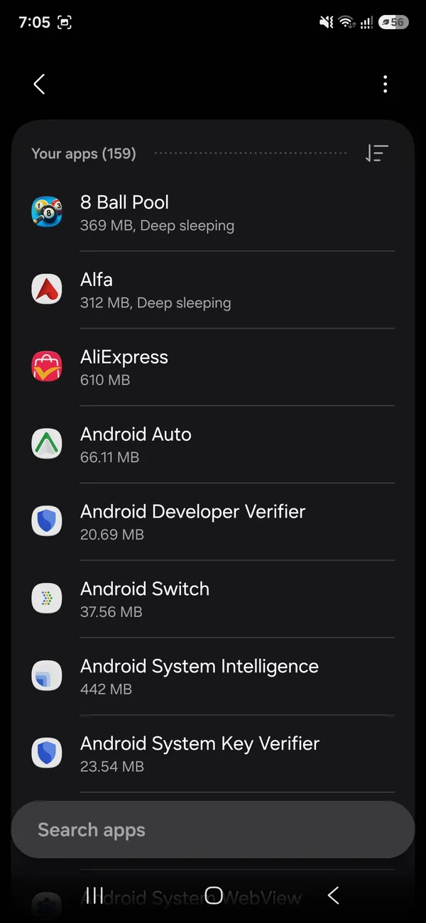 Samsung Apps list with a Search apps bar