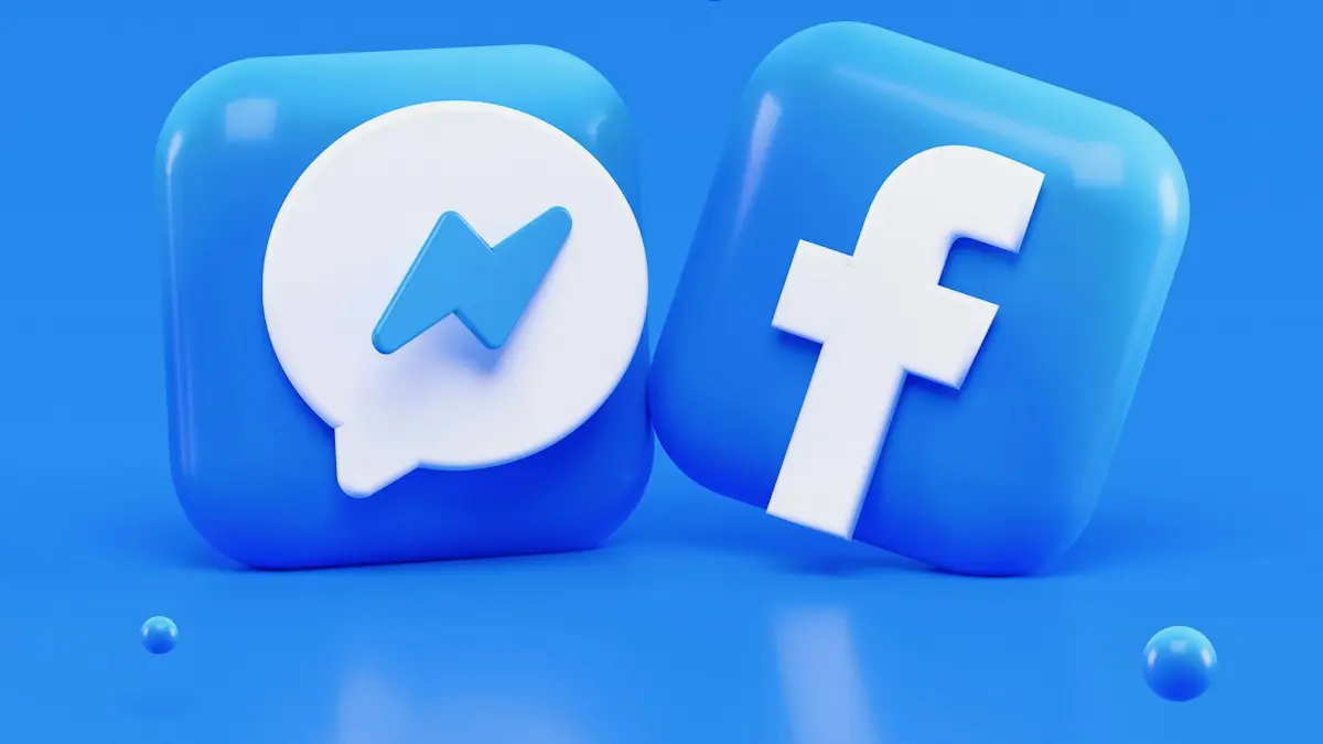 Messenger and Facebook app icons as glossy blue 3D squares on a blue background