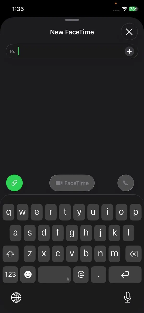 New FaceTime screen on iPhone with the green Create Link button at the bottom left