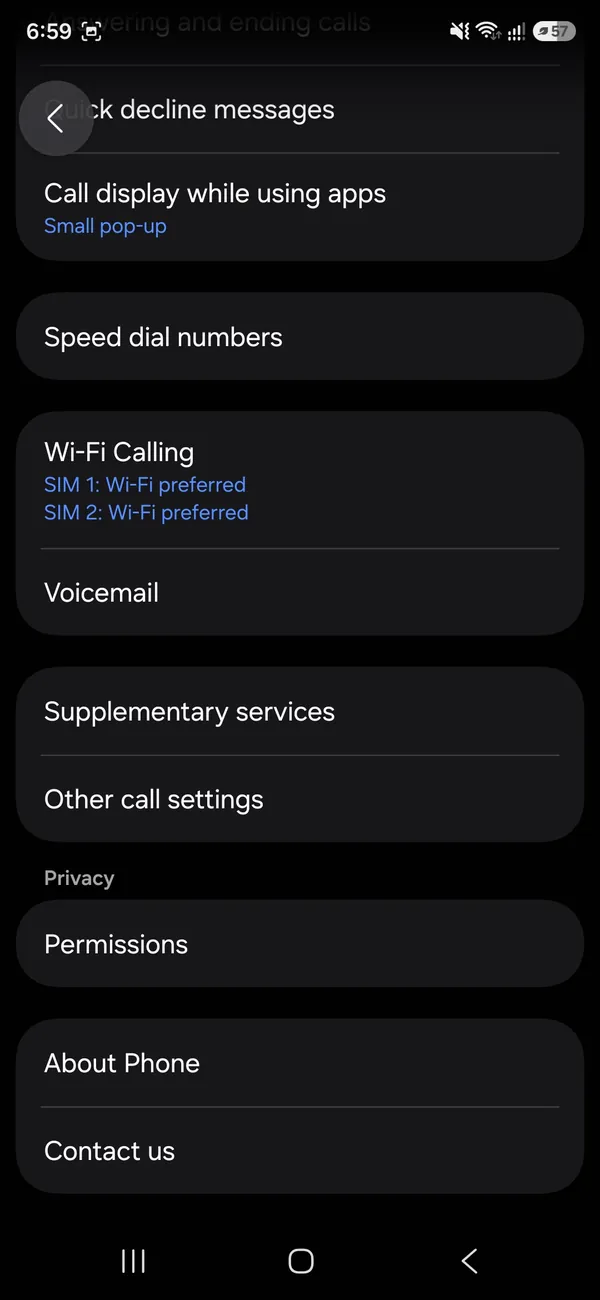 Samsung Call settings with Supplementary services and Voicemail