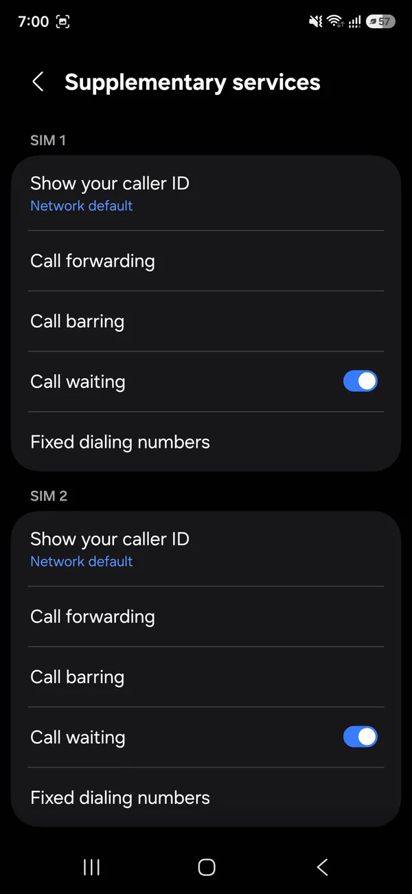 Samsung Supplementary services screen with Call forwarding for SIM 1 and SIM 2