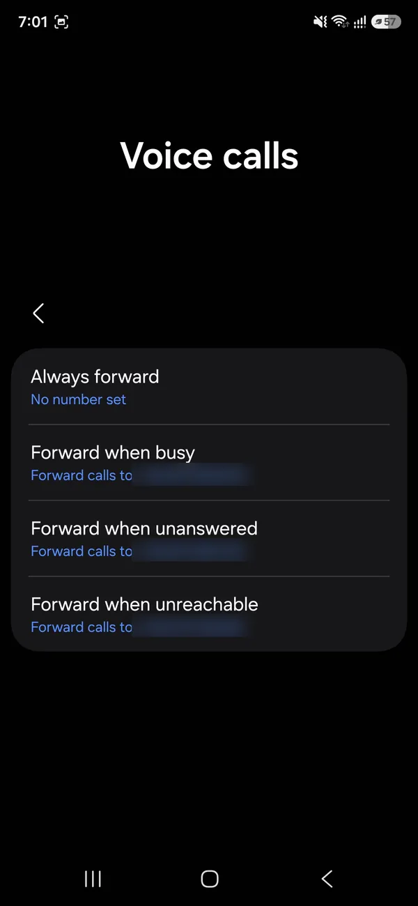 Samsung Voice calls forwarding options: Always forward, when busy, when unanswered and when unreachable