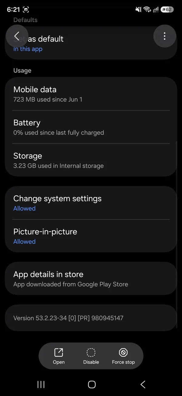 Google Play Store app info on a Samsung phone with Storage and a Force stop button