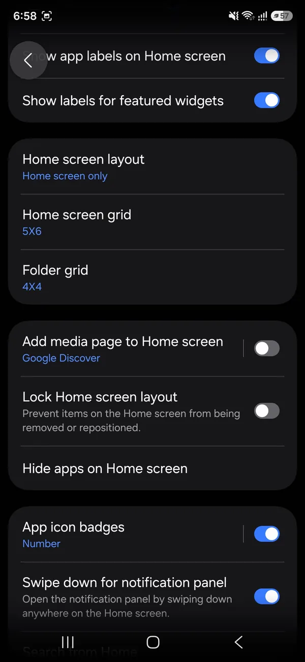 Samsung Home screen settings with Hide apps on Home screen