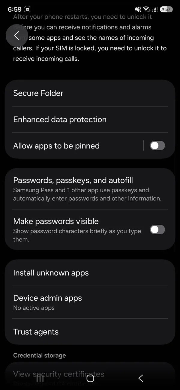 Samsung More security settings list with Secure Folder at the top
