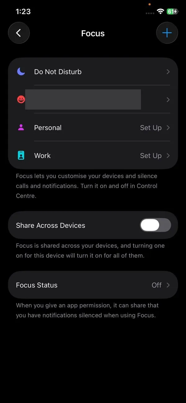 Focus settings on iPhone listing Do Not Disturb and other Focus modes
