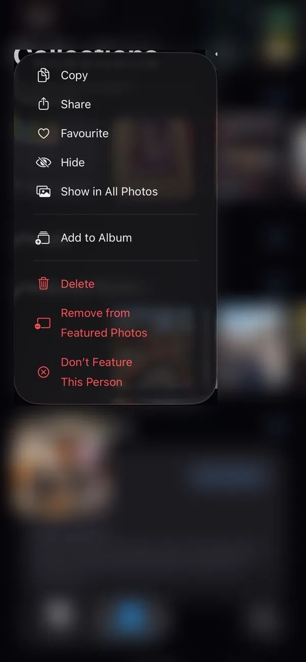 Photos menu on iPhone with Remove from Featured Photos and Don't Feature This Person
