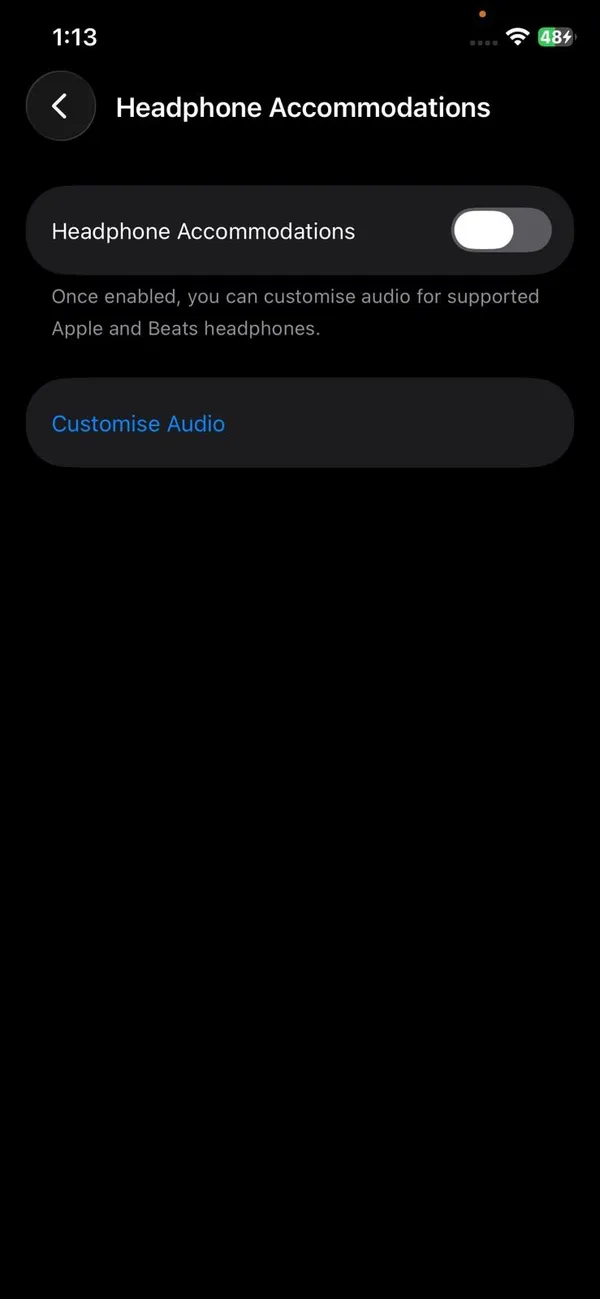 Headphone Accommodations switch on iPhone with Customise Audio