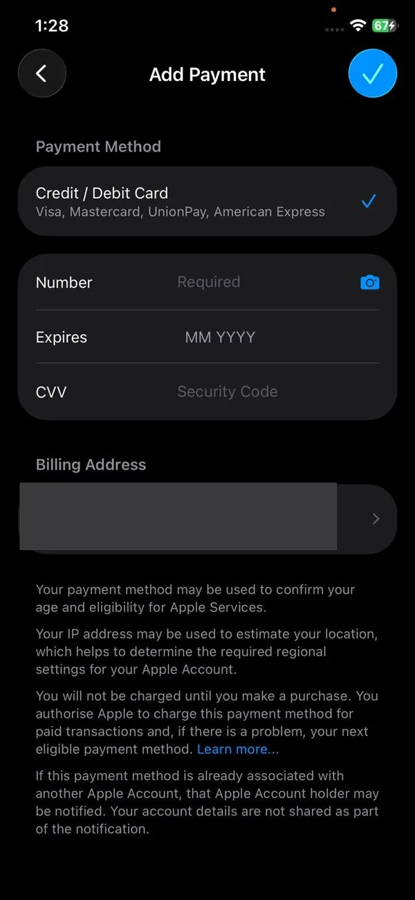 Add Payment screen on iPhone with card number, expiry and CVV fields