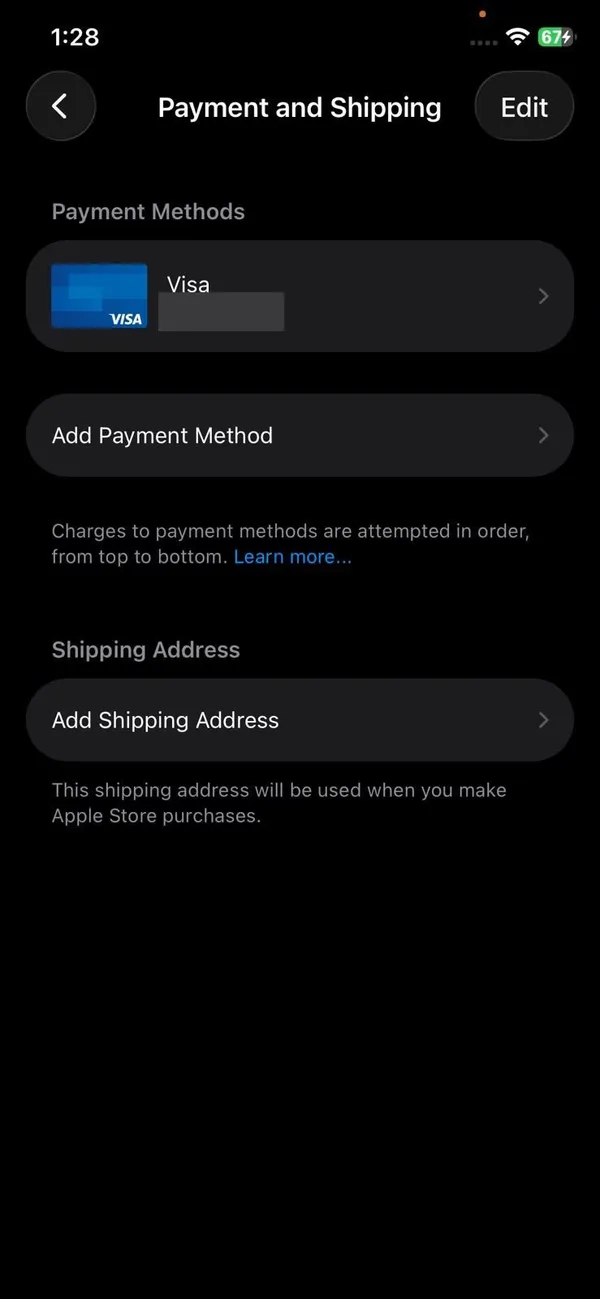 Apple Account Payment and Shipping screen with Add Payment Method