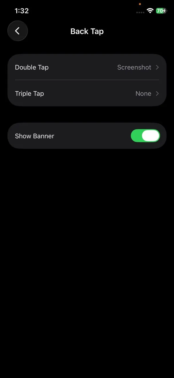 iPhone Back Tap settings with Double Tap set to Screenshot
