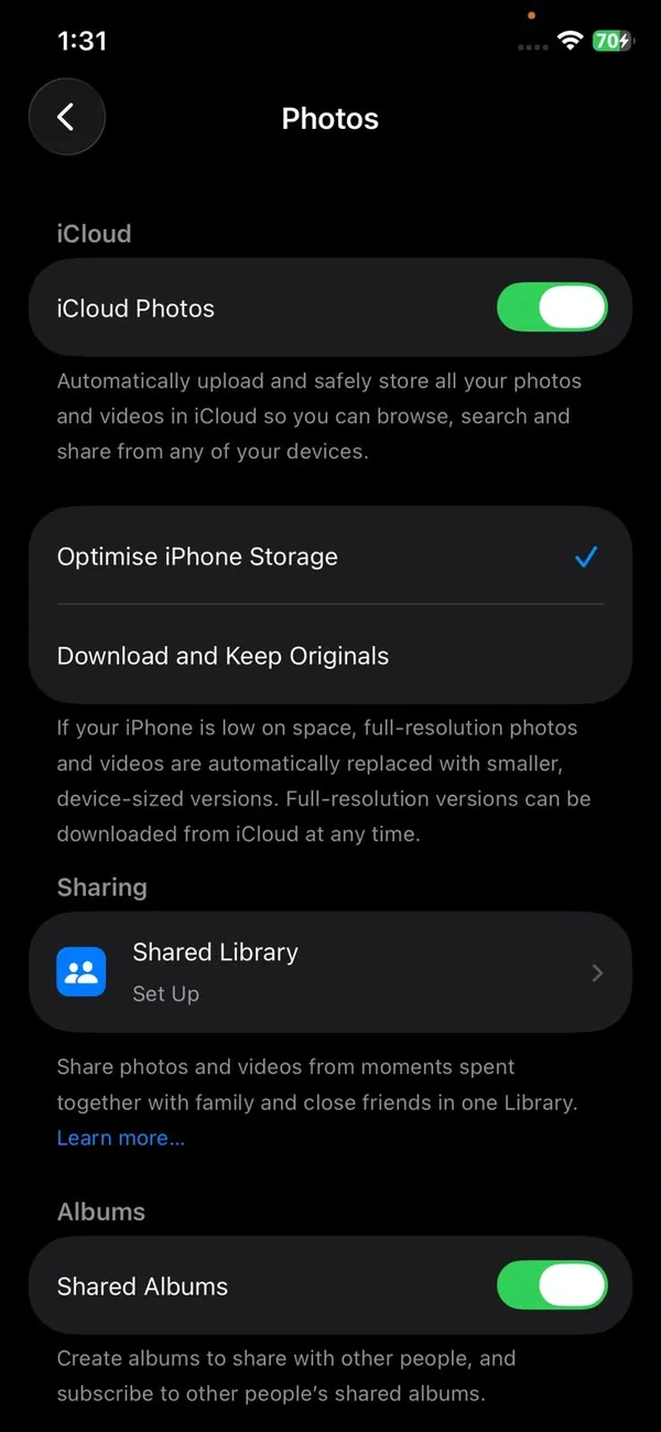Photos settings on iPhone with the iCloud Photos switch turned on