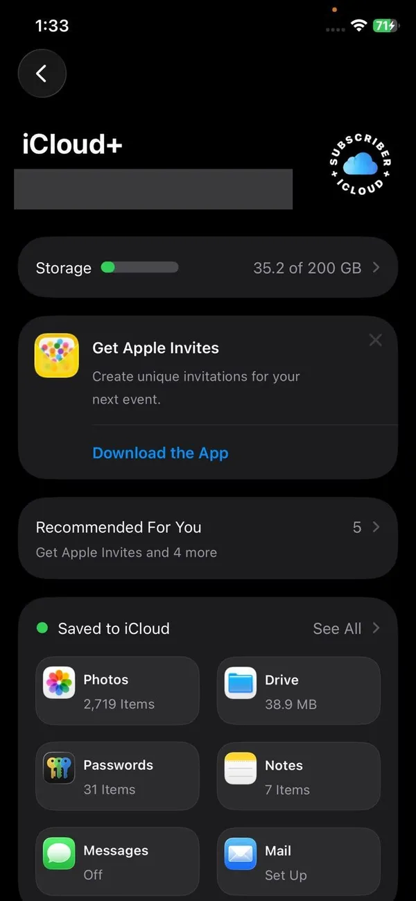 iCloud settings on iPhone showing storage used and apps saved to iCloud