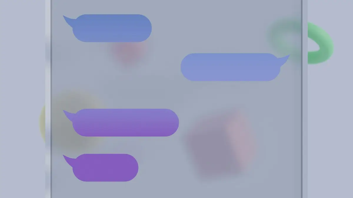 Four purple speech bubbles on a translucent screen with floating geometric shapes