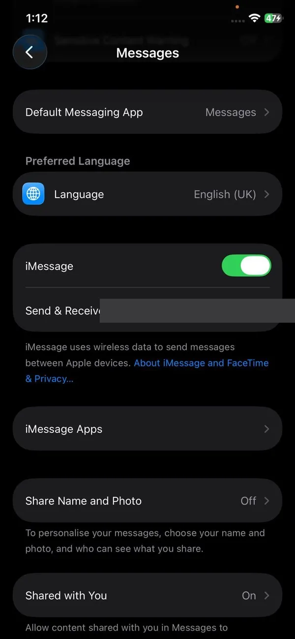 Messages settings on iPhone with the iMessage switch and Send and Receive