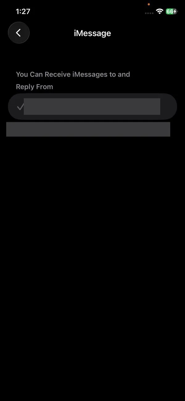 iMessage Send and Receive screen on iPhone listing the addresses you can be reached at