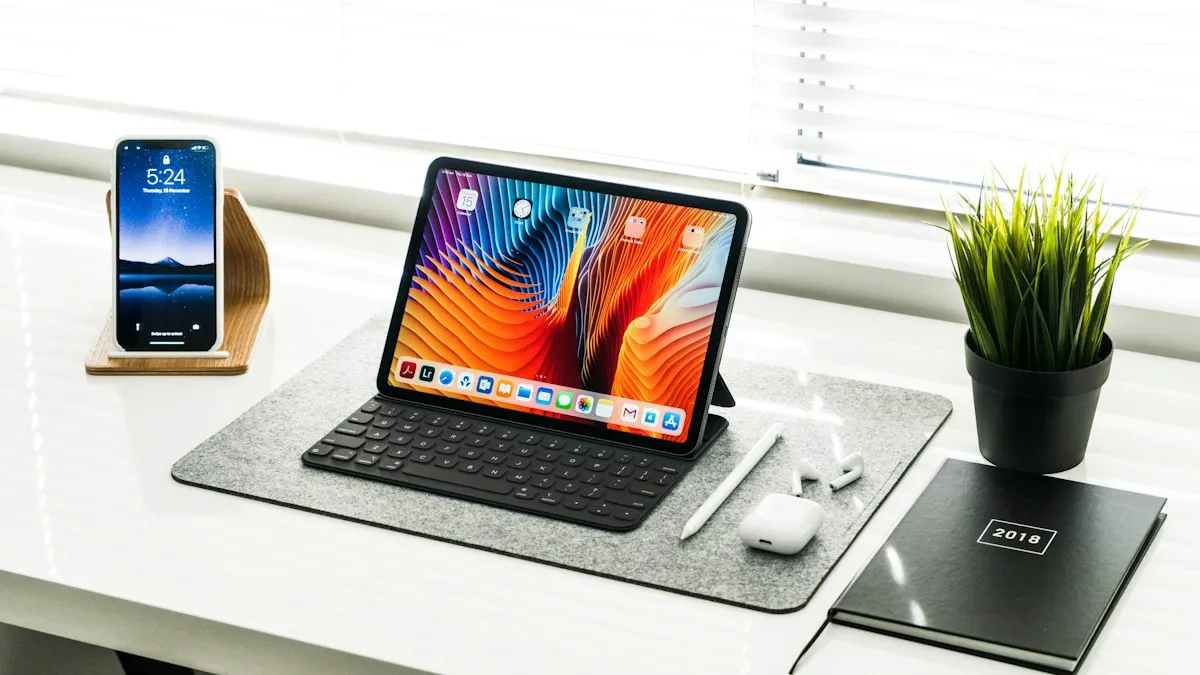 A black iPad on a desk
