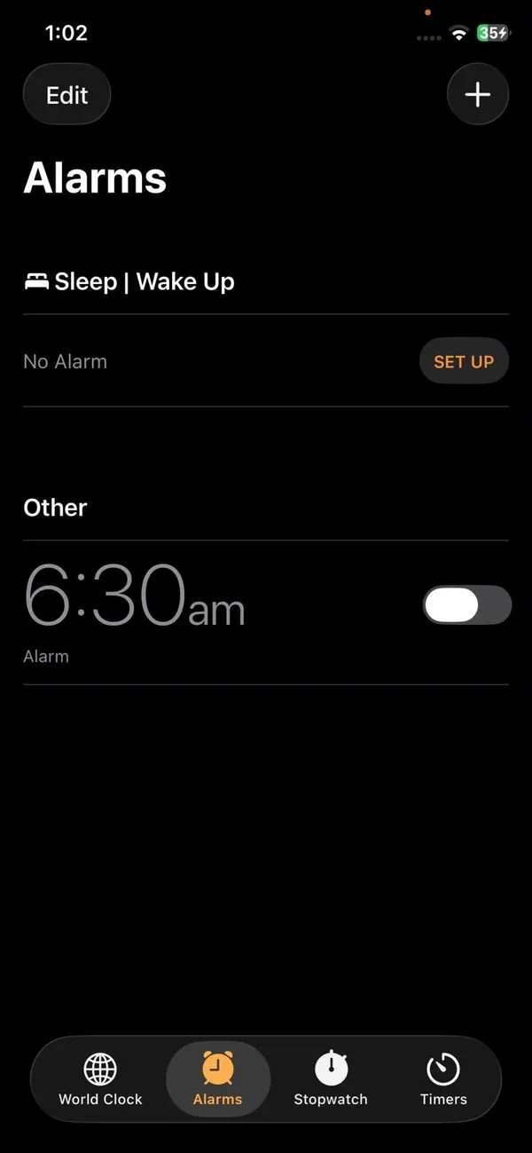 Clock app Alarms tab on iPhone with a 6:30 am alarm switched off