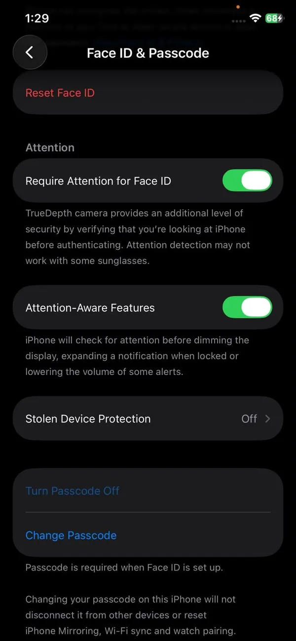 Face ID and Passcode settings on iPhone showing the Attention Aware Features switch