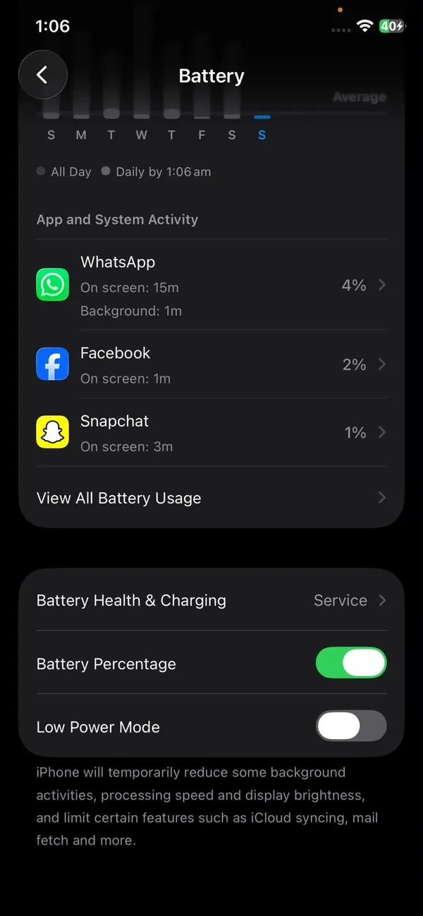 iPhone Battery settings showing battery use by app and the Low Power Mode switch