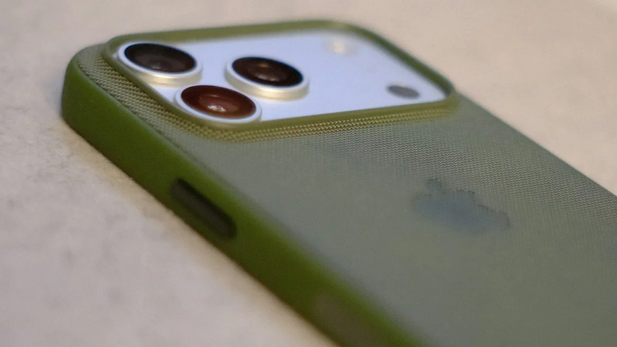 A green iPhone case with the three camera lenses visible