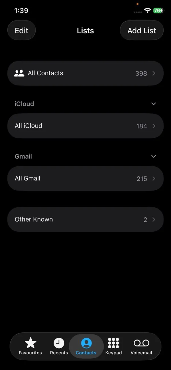 Contacts Lists screen on iPhone with All Contacts, All iCloud and All Gmail