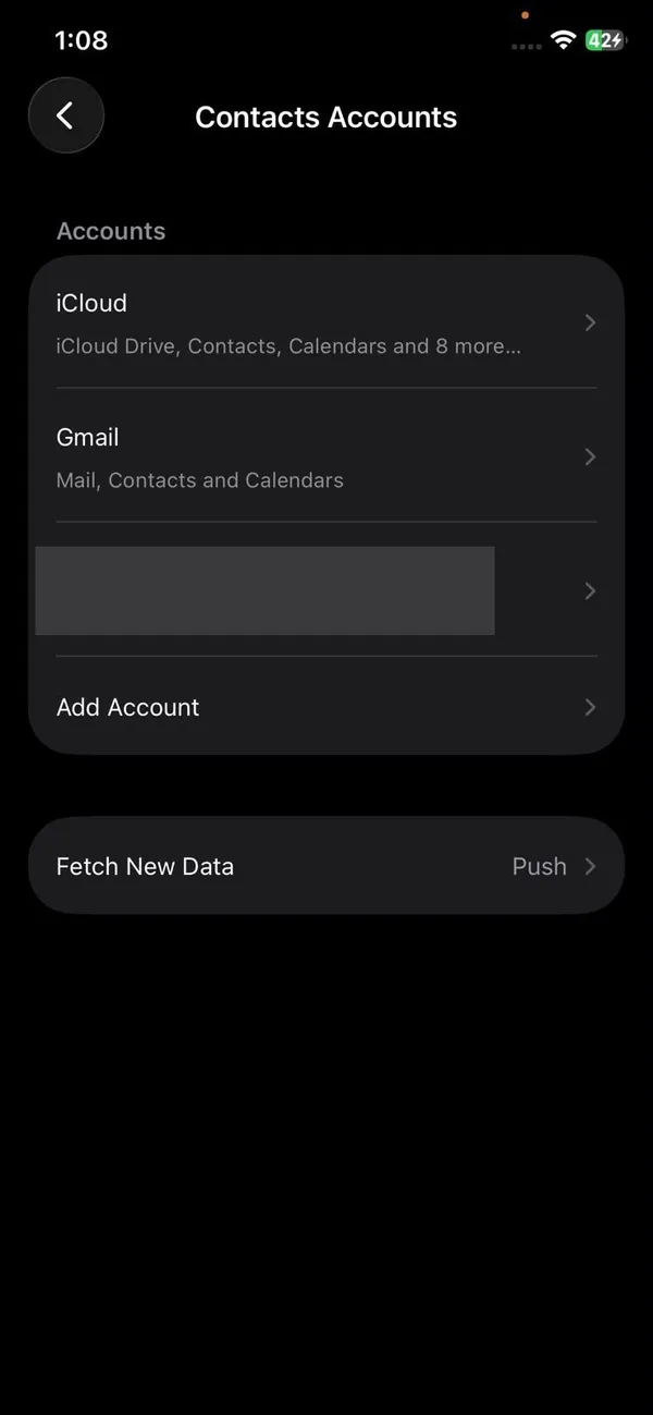 Contacts Accounts screen on iPhone listing iCloud and Gmail accounts